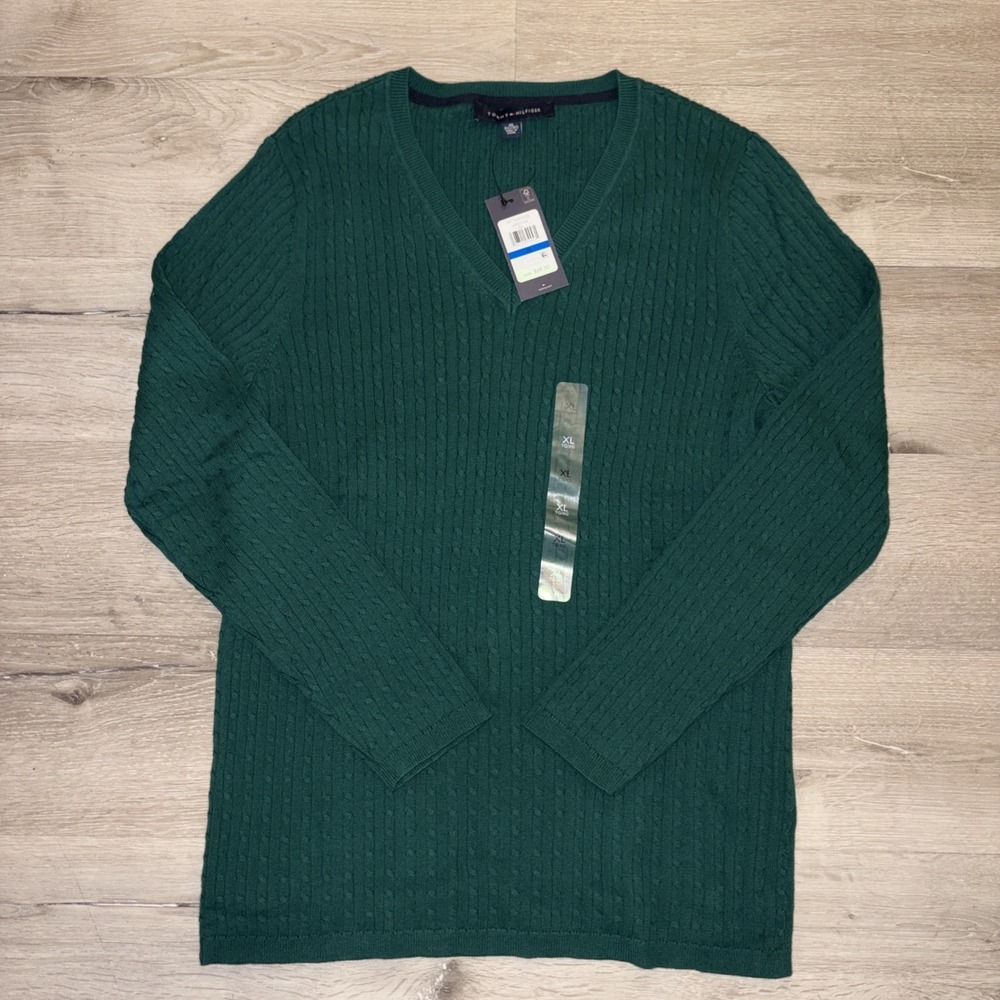 Tommy Hilfiger V Neck Lightweight Pullover Sweater Long Sleeve Green NWT